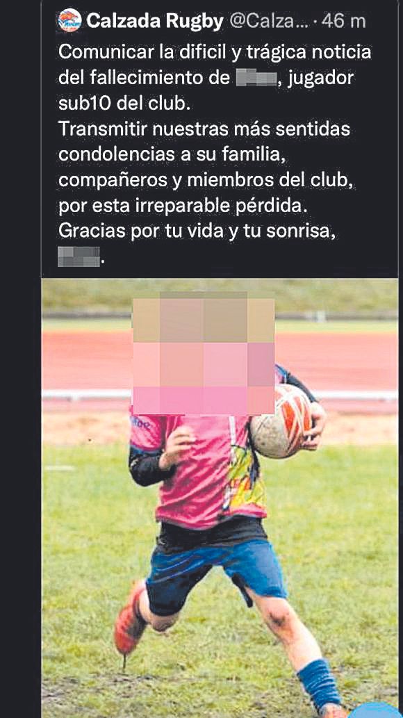 El mensaje de condolencia con la imagen del niño fallecido compartido por el Calzada Rugby, equipo en el que jugaba.