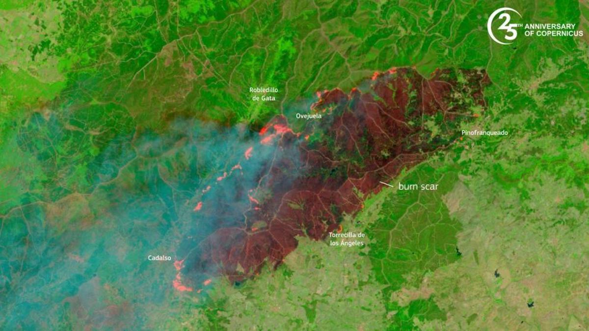 Imagen del incendio recogida por el satélite Copernicus.