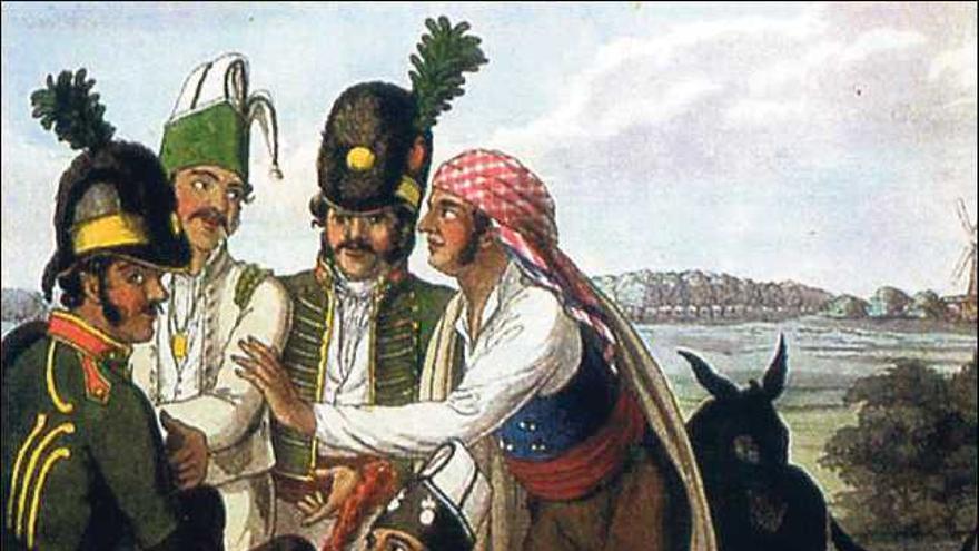 Ilustración que muestra a soldados españoles jugando a las cartas, entre ellos, un zamorano con pañuelo a la cabeza y faja.