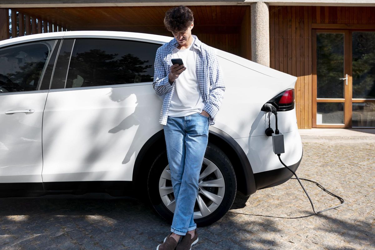Hombre cargando su coche eléctrico en su casa