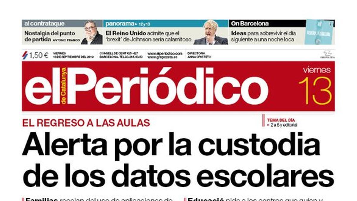 La portada de EL PERIÓDICO del 13 de septiembre del 2019.