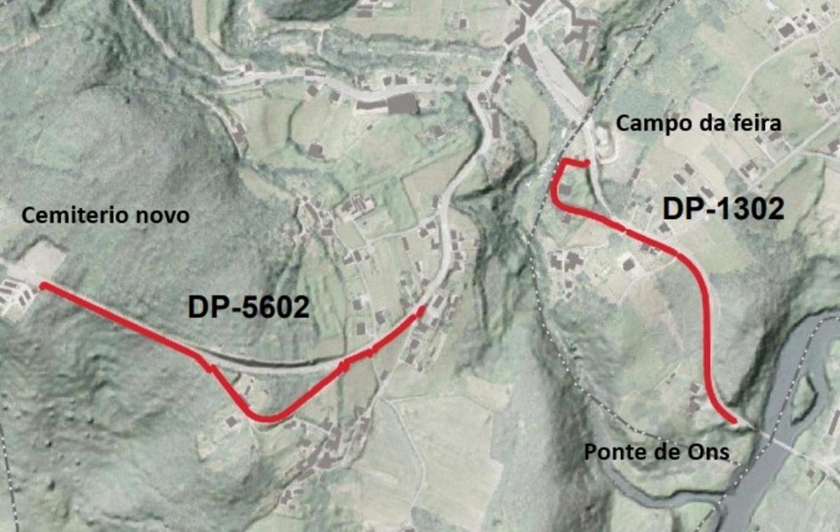 En rojo, las dos sendas que darán continuidad peatonal a la villa de Negreira con el nuevo cementerio y el río Tambre