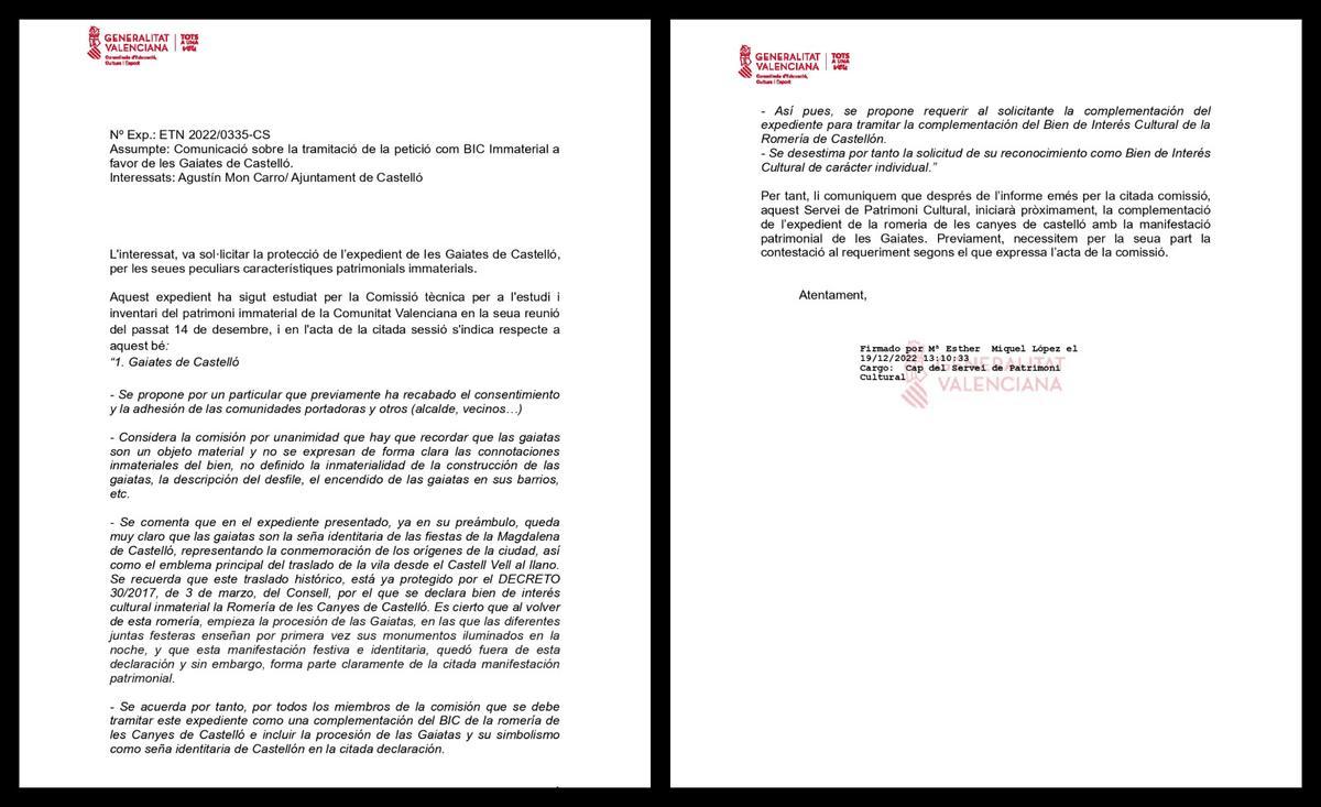 Respuesta de la Conselleria de Cultura sobre la petición de BIC para la gaiata de Castelló.