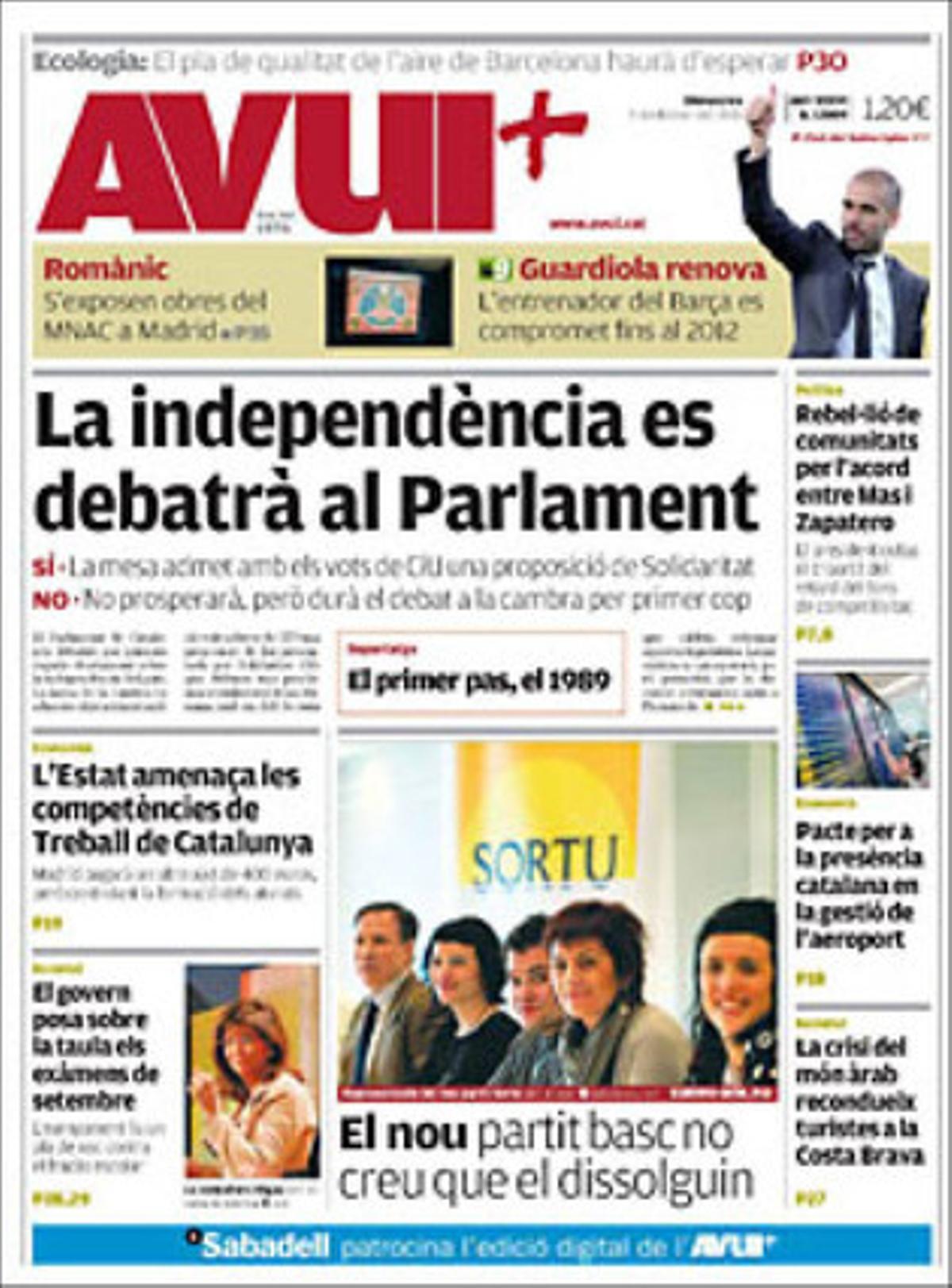 ’Avui’ també destaca que els concursos de creditors es frenen un 9,7% a Catalunya, que es legalitzarà els immigrants amb fills espanyols i que els municipis reclamen a Mas que vetlli per les polítiques socials.