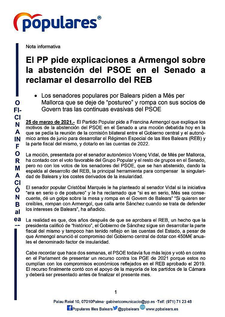 El PSOE se abstiene a pedir el REB y el PP, a que lleguen mil millones en ayudas a Balears