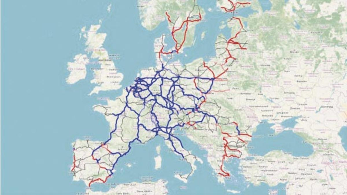 Mapa con la priorización en colores de los grandes corredores europeos.