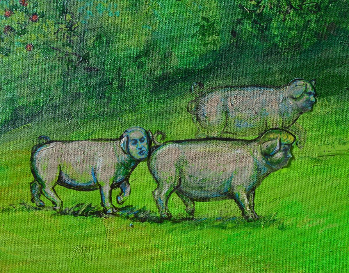 Retratos porcinos de Trump, Putin y Netanyahu.