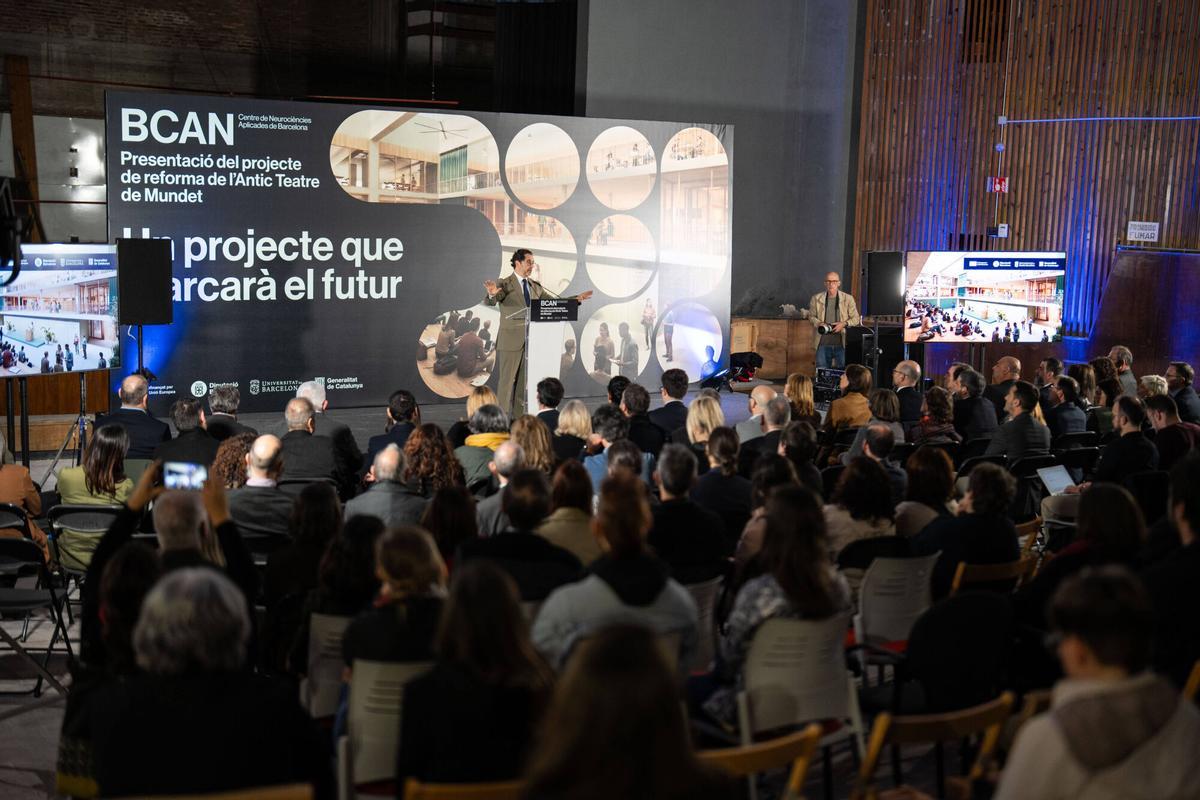 Barcelona. Sociedad. 23/03/2026 Rueda de prensa de la UB, la Diputación de Barcelona y la Generalitat para presentar el proyecto de transformación del antiguo teatro de las Llars Mundet en el futuro Centro de Neurociencias Aplicadas de Barcelona (BCAN). FOTO de ZOWY VOETEN