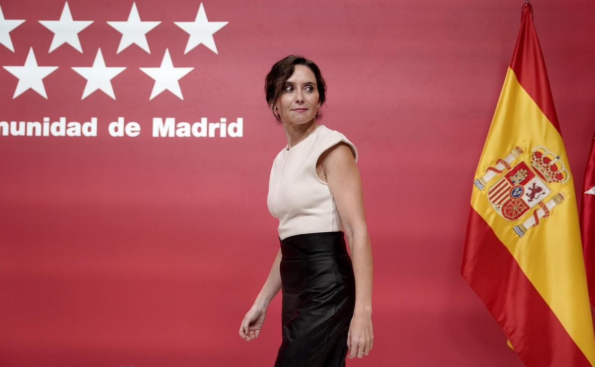 Isabel Díaz Ayuso, presidenta de la Comunidad de Madrid, durante su comparecencia.