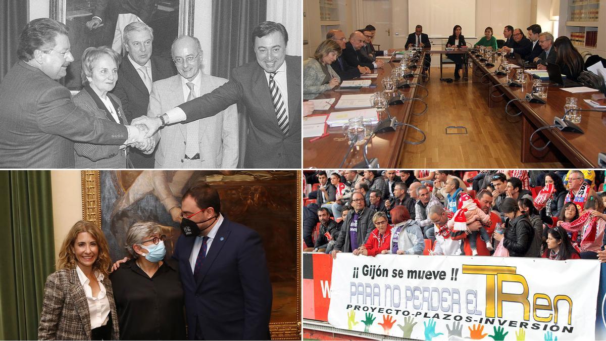 De arriba abajo, firma del convenio de Gijón al Norte de 2002, reunión para el convenio de 2019, el acto de firma del protocolo del plan de vías en Gijón en 2022 y una protesta en El Molinón con una pancarta que pide "Proyectos, plazos, inversión".