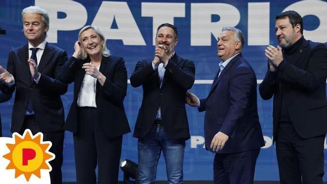 El líder de Vox i president dels Patriots, Santiago Abascal (c), amb el primer ministre d’Hongria, Viktor Orbán (2d), la francesa Marine Le Pen (2e), l’italià Matteo Salvini (d) i l’holandès Geert Wilders (e), entre d’altres.