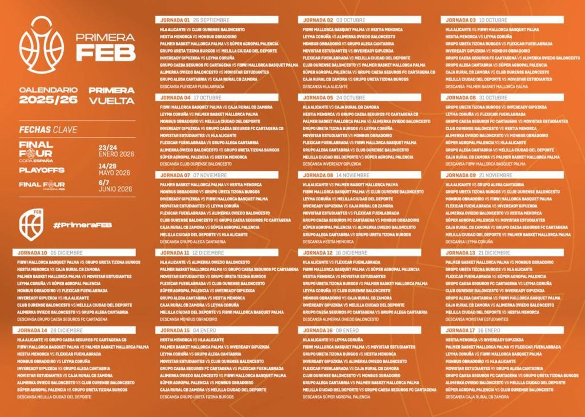 El calendario de la primera vuelta de la Primera FEB.