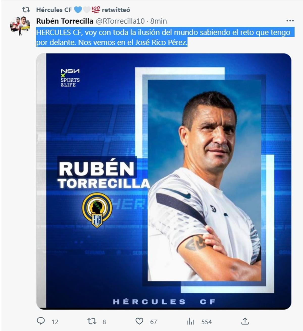 Tuit escrito por el nuevo entrandor del Hércules tras hacerse oficial su contratación.