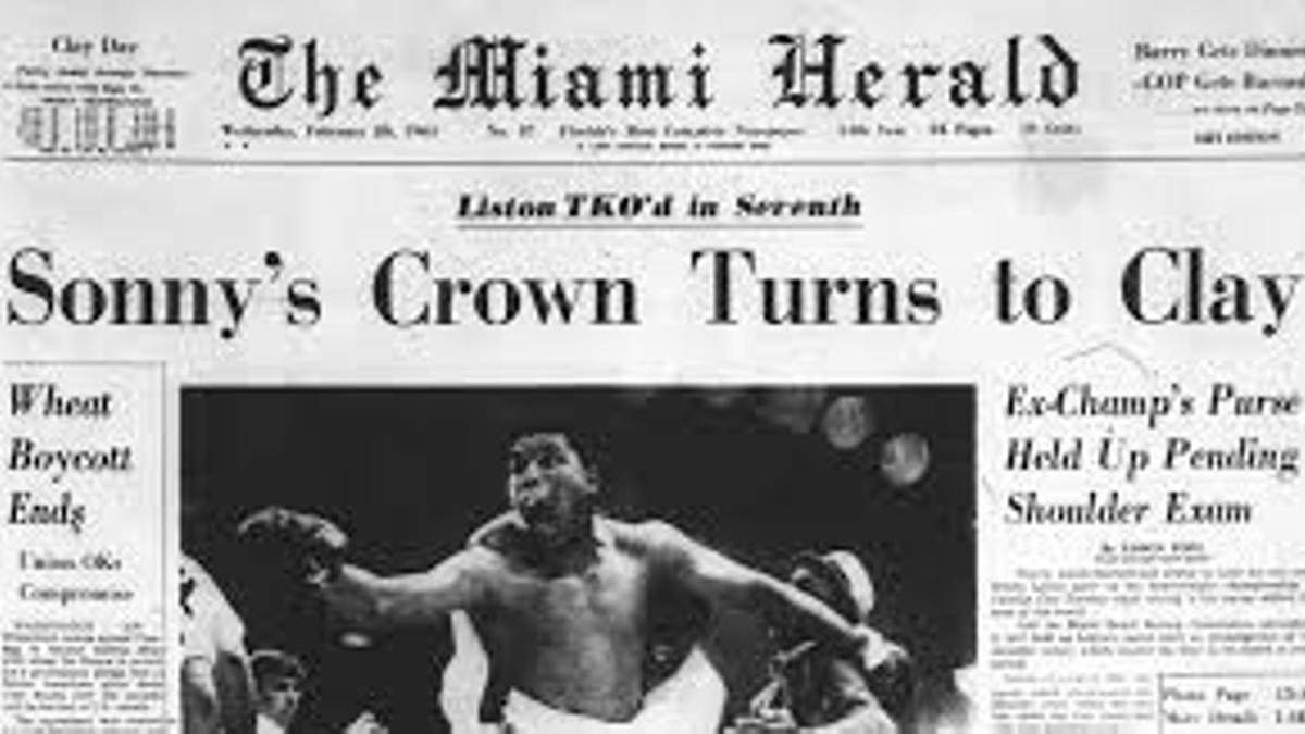 Detalle de la portada del Miami Herald que recogía la victoria de Cassius Clay sobre Sonny Liston, en 1964.