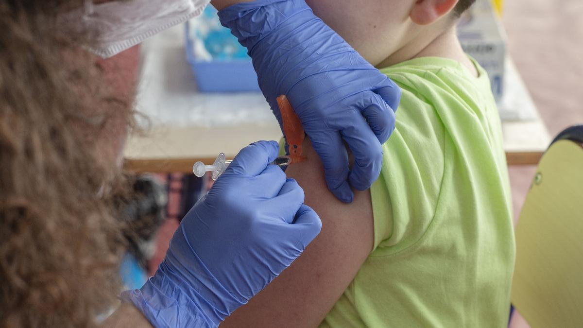Un niño recibe la vacuna contra el covid-19 en un Centro de Educación Infantil y Primaria de Castelló, el pasado 13 de enero.
