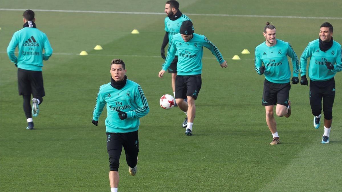 Cristiano Ronaldo, en el entrenamiento del Madrid de este miércoles en Valdebebas