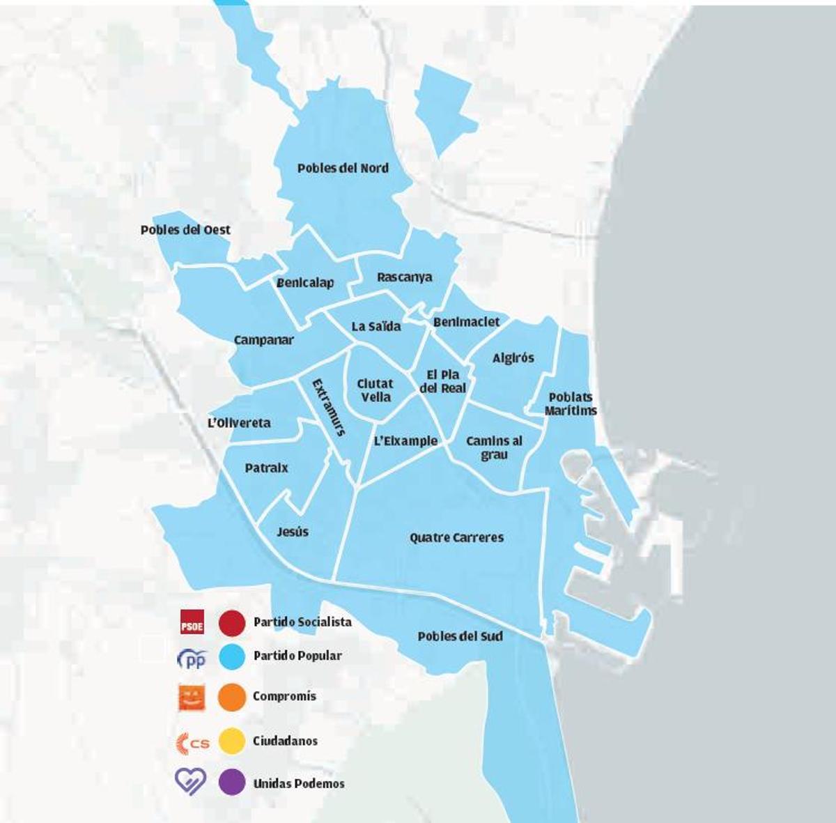 El mapa de la ciudad se tiñe  de azul PP con la victoria en  la totalidad de los 19 distritos