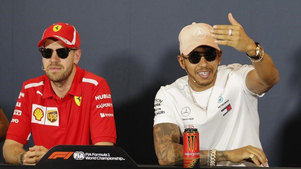 Sebastian Vettel y Lewis Hamilton, en la conferencia de prensa de hoy del GP de Montecarlo de F-1.