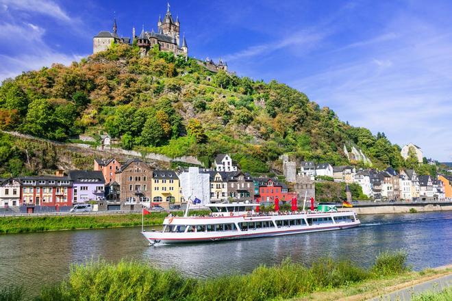 Romantic river cruises over Rhein - medieval Cochem town. Germany