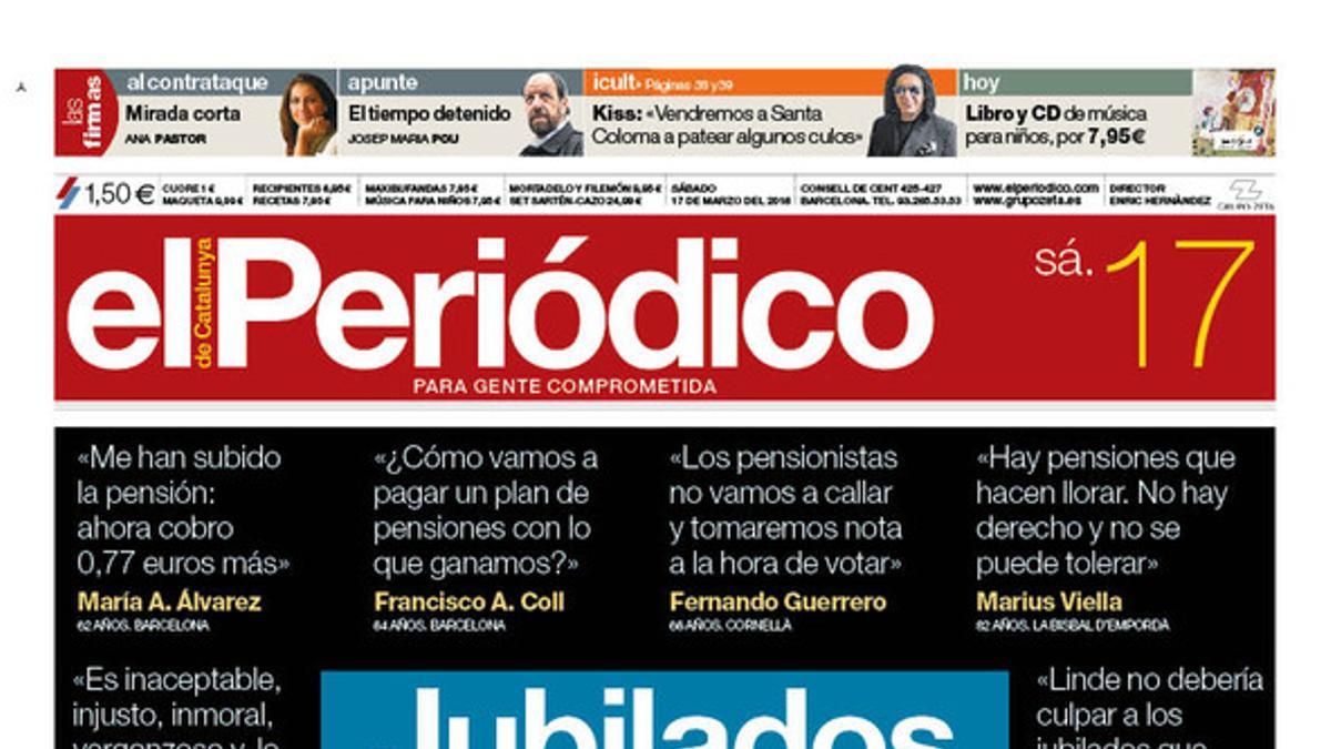 La portada de EL PERIÓDICO del 17 de marzo del 2018