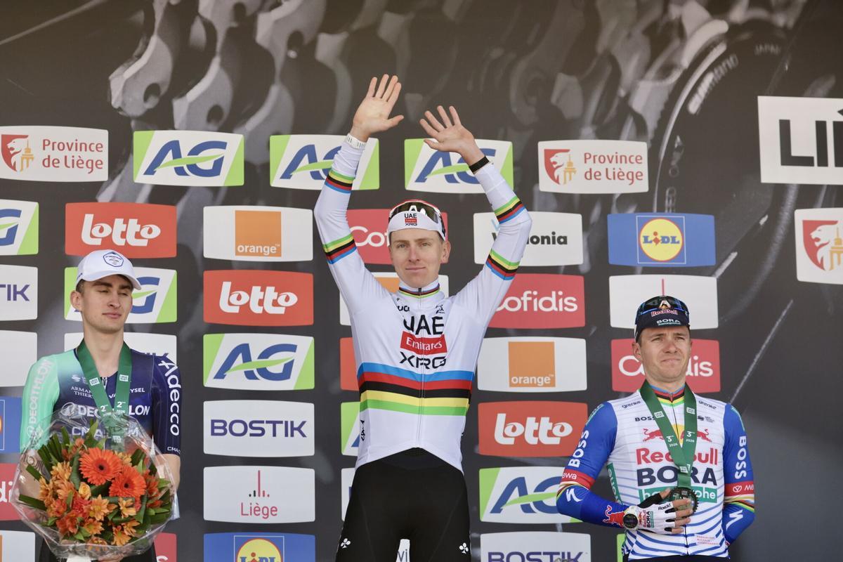Seixas, Pogacar y Evenepoel, en el podio de Lieja