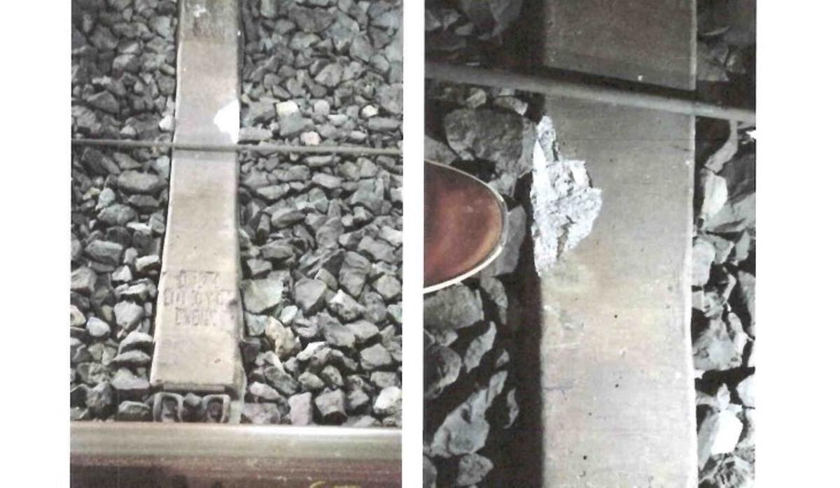 Imagen de una traviesa golpeada en la vía 1, a un kilómetro del accidente de Adamuz, facilitada por Adif al juzgado.