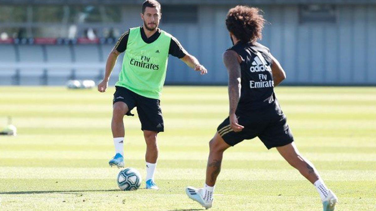 Eden Hazard y Marcelo durante el entrenamiento de este viernes