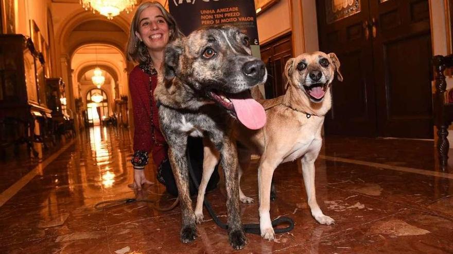 La concejal de Medio Ambiente, María García, con dos perros en los pasillos de María Pita.