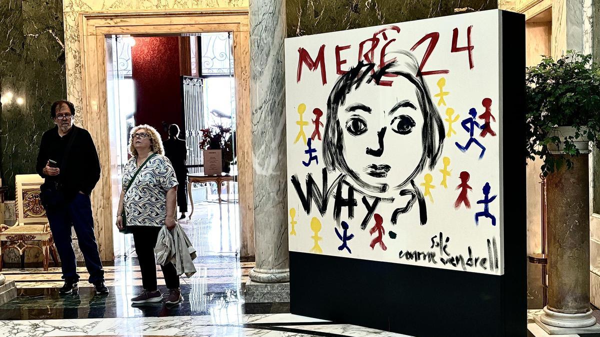 El cartel que Carme Solé Vendrell pinto durante su pregón de la Mercè, expuesto en el Palauet Albéniz