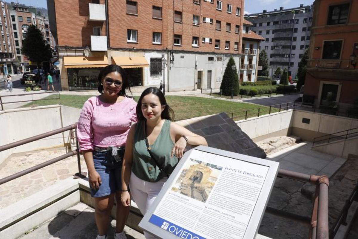 Ironelis Arias y Melisa Martínez, junto al panel informativo de Foncalada.