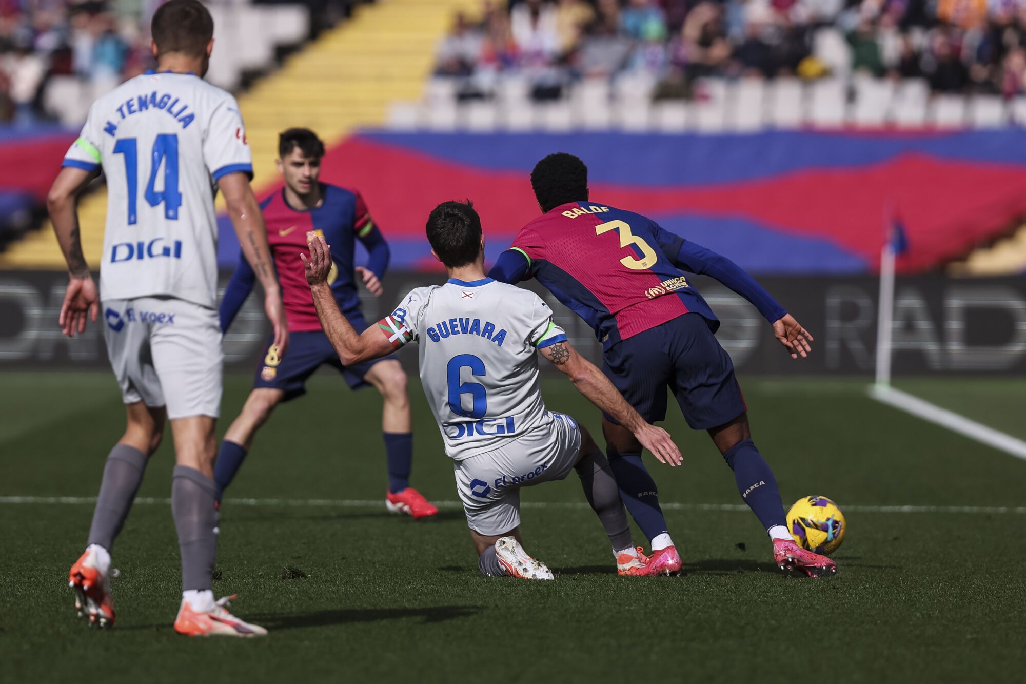 Alejandro Balde of FC Barcelona and Ander Guevara of Deportivo Alaves compete for the ball during the Spanish league, La Liga EA Sports, football match played between FC Barcelona and Deportivo Alaves at Estadio Olimpico de Montjuic on February 02, 2025 in Barcelona, Spain. AFP7 02/02/2025 ONLY FOR USE IN SPAIN. Javier Borrego / AFP7 / Europa Press;2025;SPORT;ZSPORT;SOCCER;ZSOCCER;FC Barcelona v Deportivo Alaves - La Liga EA Sports;