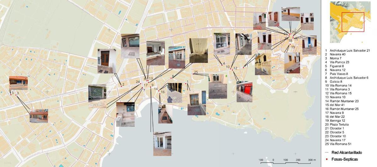 Mapa con las fosas sépticas que siguen operativas en la ciudad, con la ubicación en el listado de la derecha.