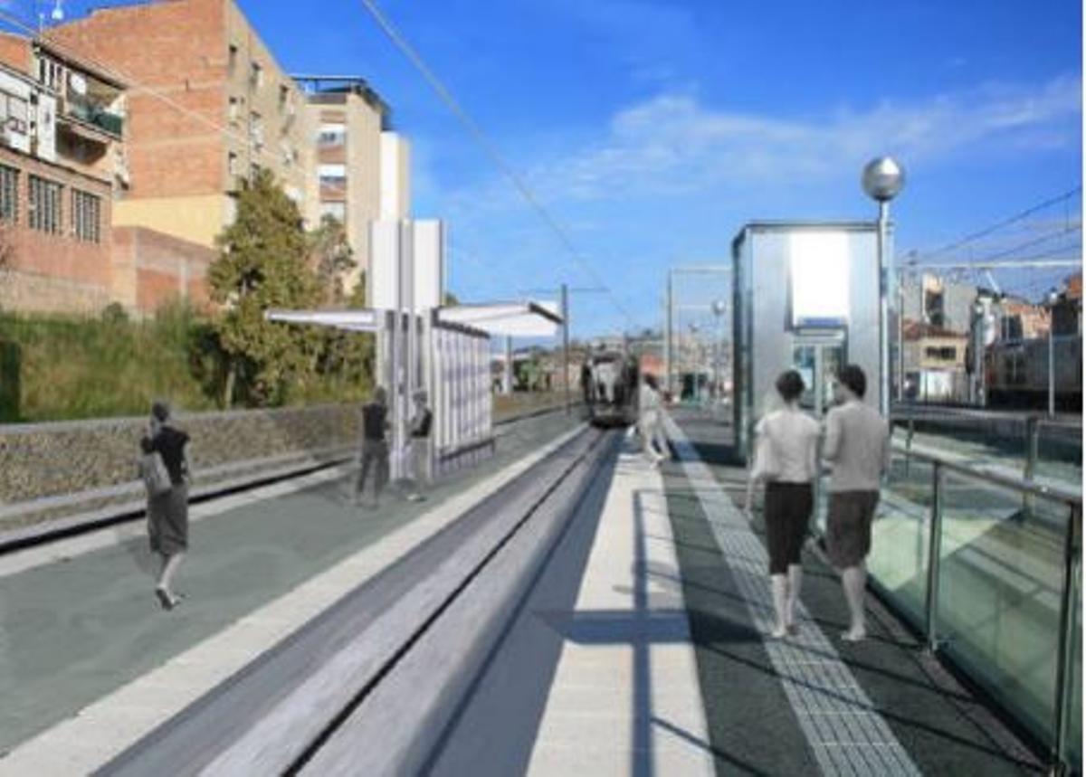 Imatge virtual del tren-tram a l'estacio de Manresa Alta