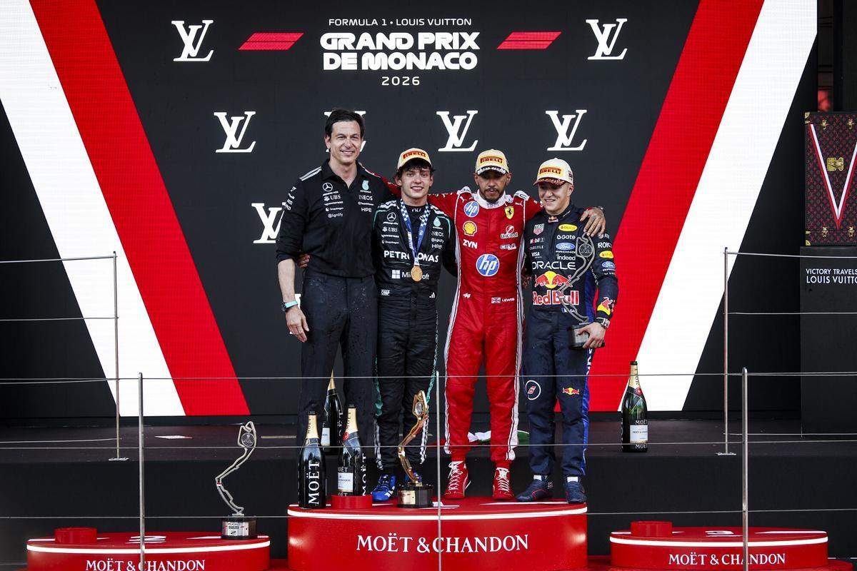 WOLFF Toto (aut), Team Principal &amp;amp; CEO of Mercedes AMG F1 Team, portrait KIMI ANTONELLI Andrea (ita), Mercedes AMG F1 Team W16, portrait HAMILTON Lewis (gbr), Scuderia Ferrari SF-26, portrait HADJAR Isack (fra), Red Bull Racing Ford RB22, portrait during the Formula 1 Grand Prix de Canada 2026, 6th round of the 2026 Formula One World Championship from June 5 to 7, 2026 on the Circuit de Monaco, in Monte-Carlo, Monaco - Photo Xavier Bonilla / DPPI AFP7 07/06/2026 ONLY FOR USE IN SPAIN