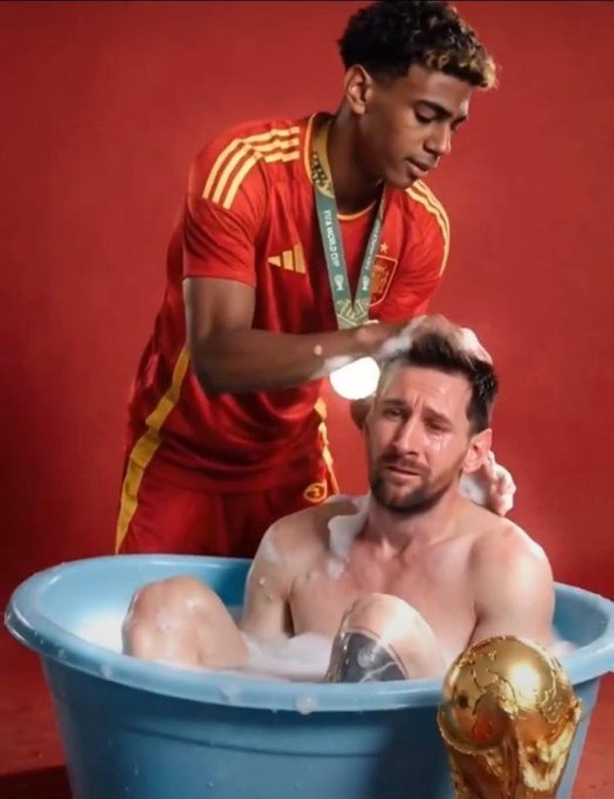 Imagen generada por IA en la que Lamine Yamal baña a un derrotado Messi