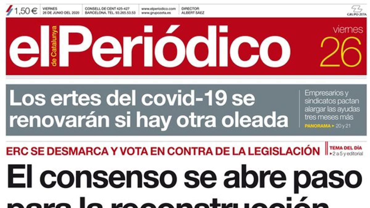 La portada de EL PERIÓDICO del 26 de junio del 2020.