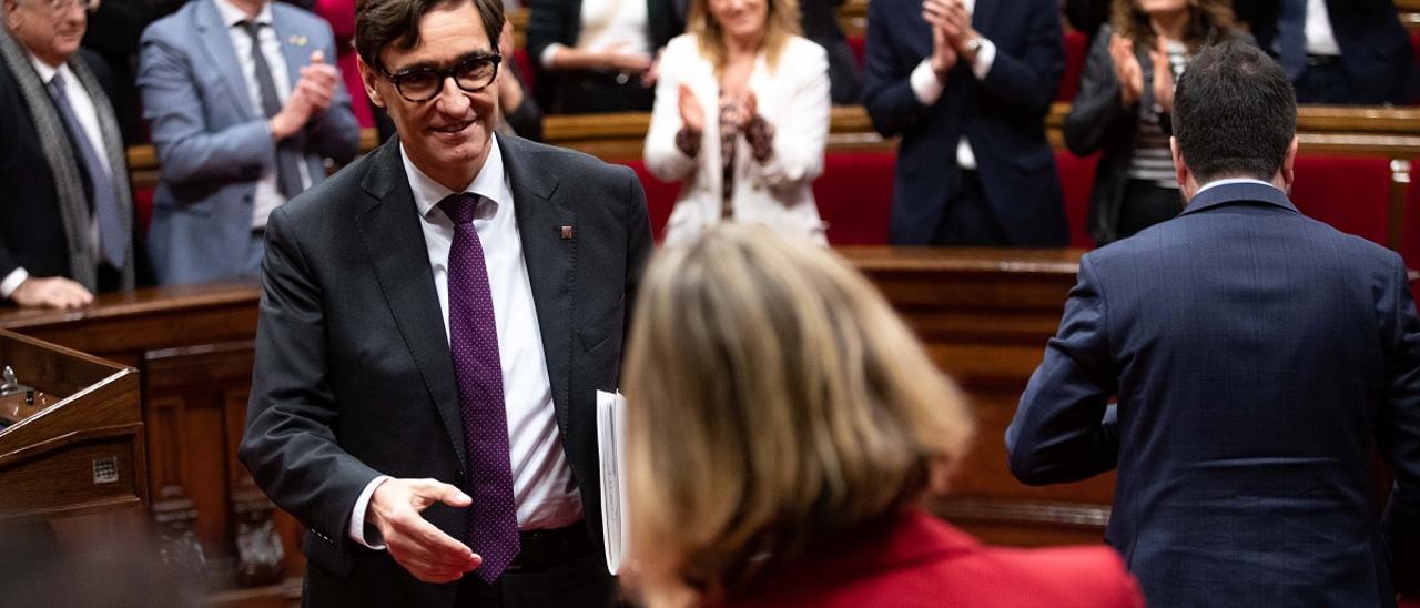 Salvador llla, Jéssica Albiach y Pere Aragonès, tras la aprobación de los presupuestos el 10 de marzo en el Parlament