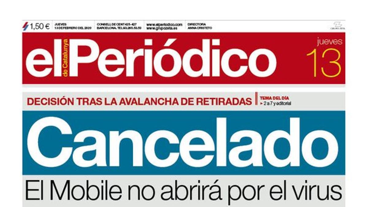 La portada de EL PERIÓDICO del 13 de febrero del 2020