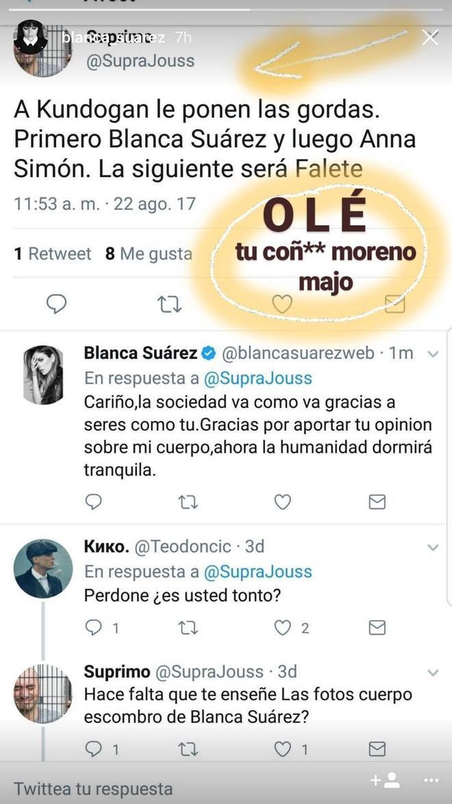 Captura de Blanca Suárez respondiendo a una crítica