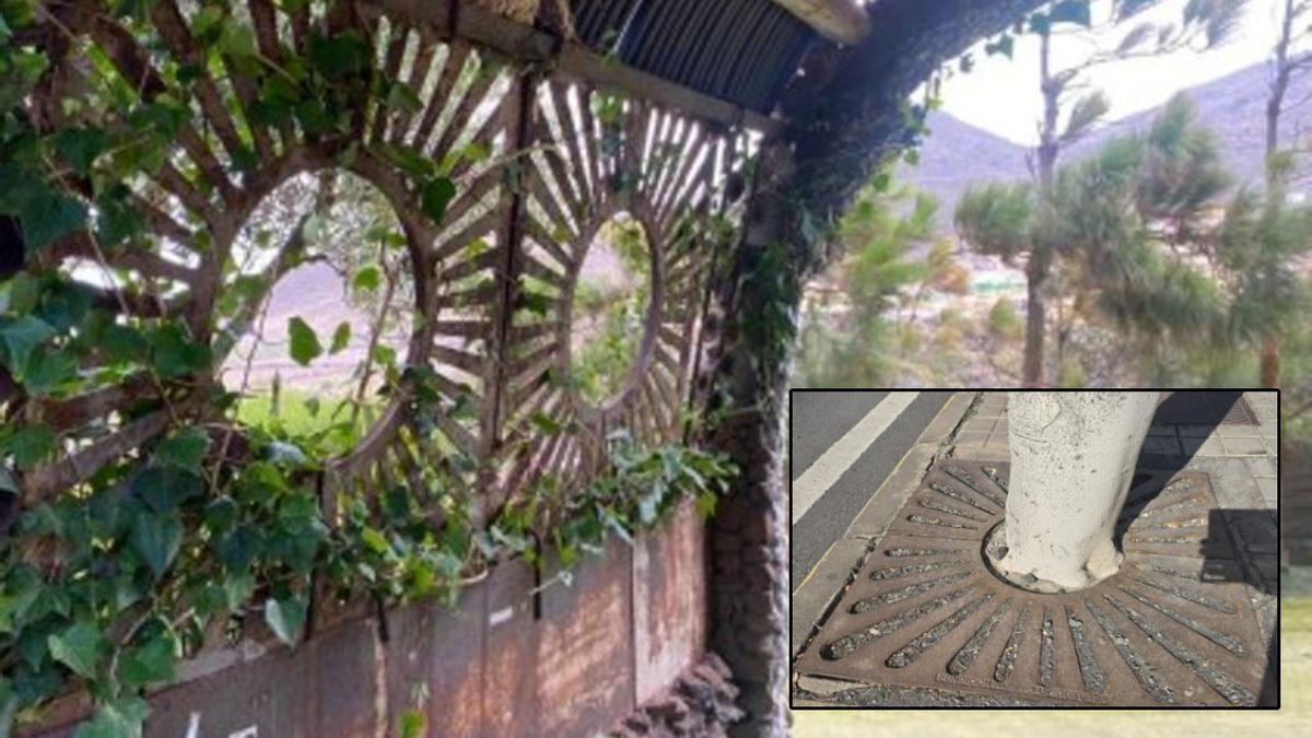 Rejillas que bordean a árboles, supuestamente sustraídas, usadas como elemento decorativo en la finca del subinspector.