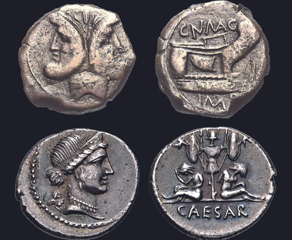 Denarios de César (superior) y de Pompeyo (inferior), de gran valor histórico.