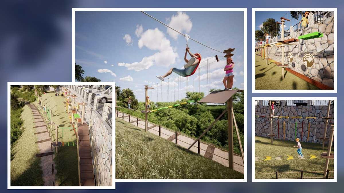 El proyecto incluye recorridos acrobáticos en altura y una tirolina, como muestran las recreaciones.