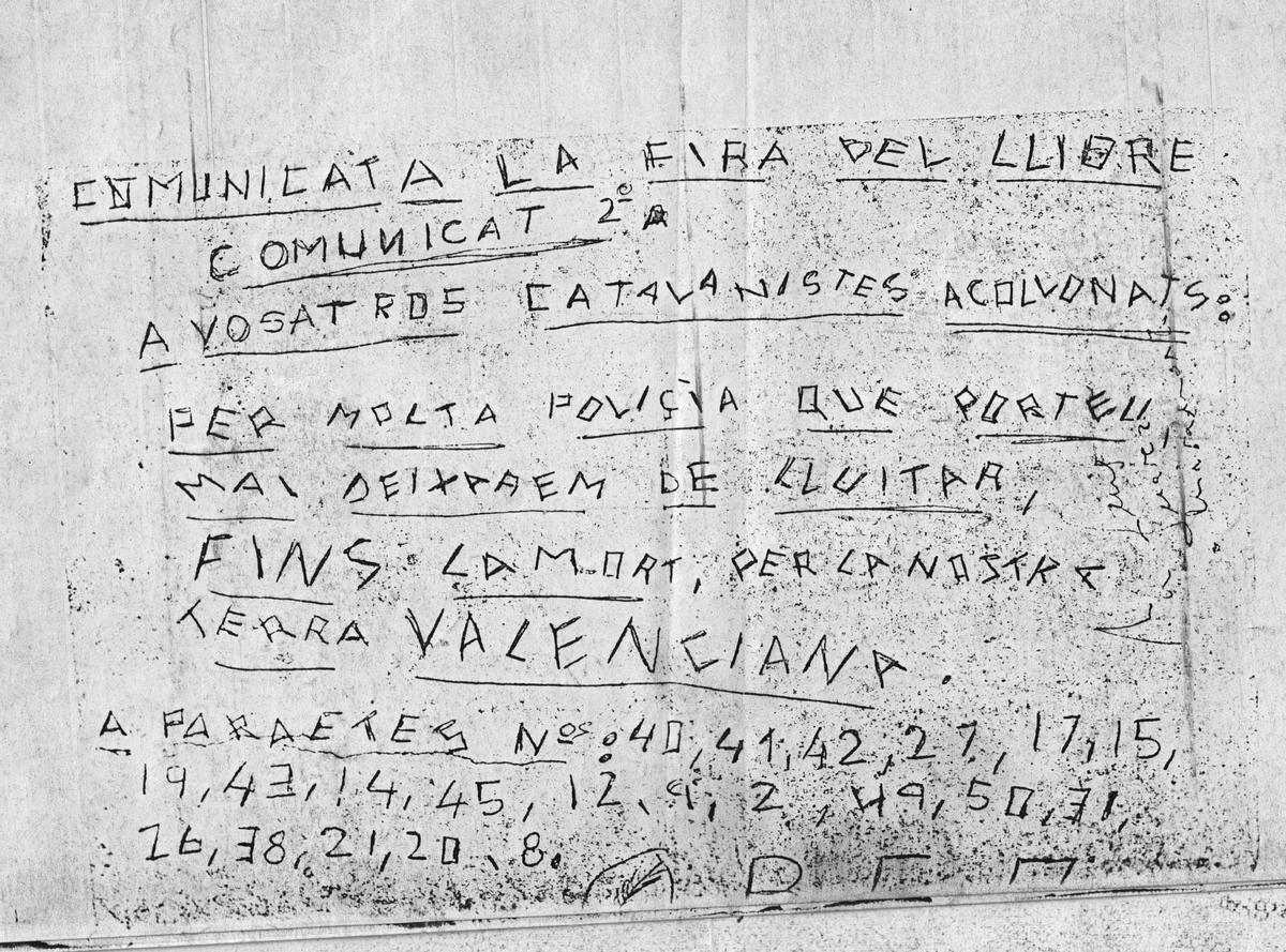Anónimo valencianista de amenaza que circuló en una feria del libro de Valencia en 1981.