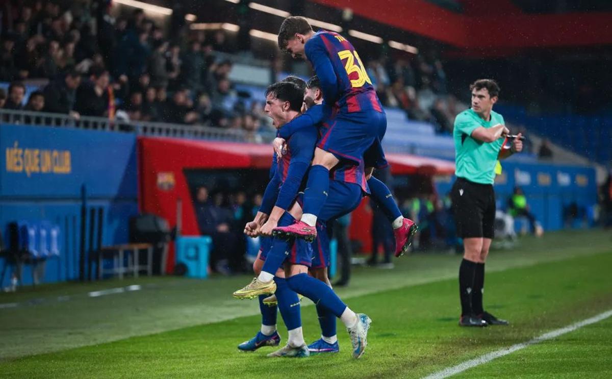 Joaquín Delgado celebra su primer tanto con la camiseta del Barça B. | BARÇA