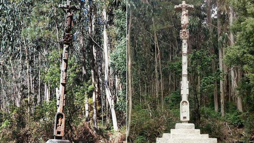 Composición fotográfica con la vara a punto de desplomarse y tras la restauración. // Cedida