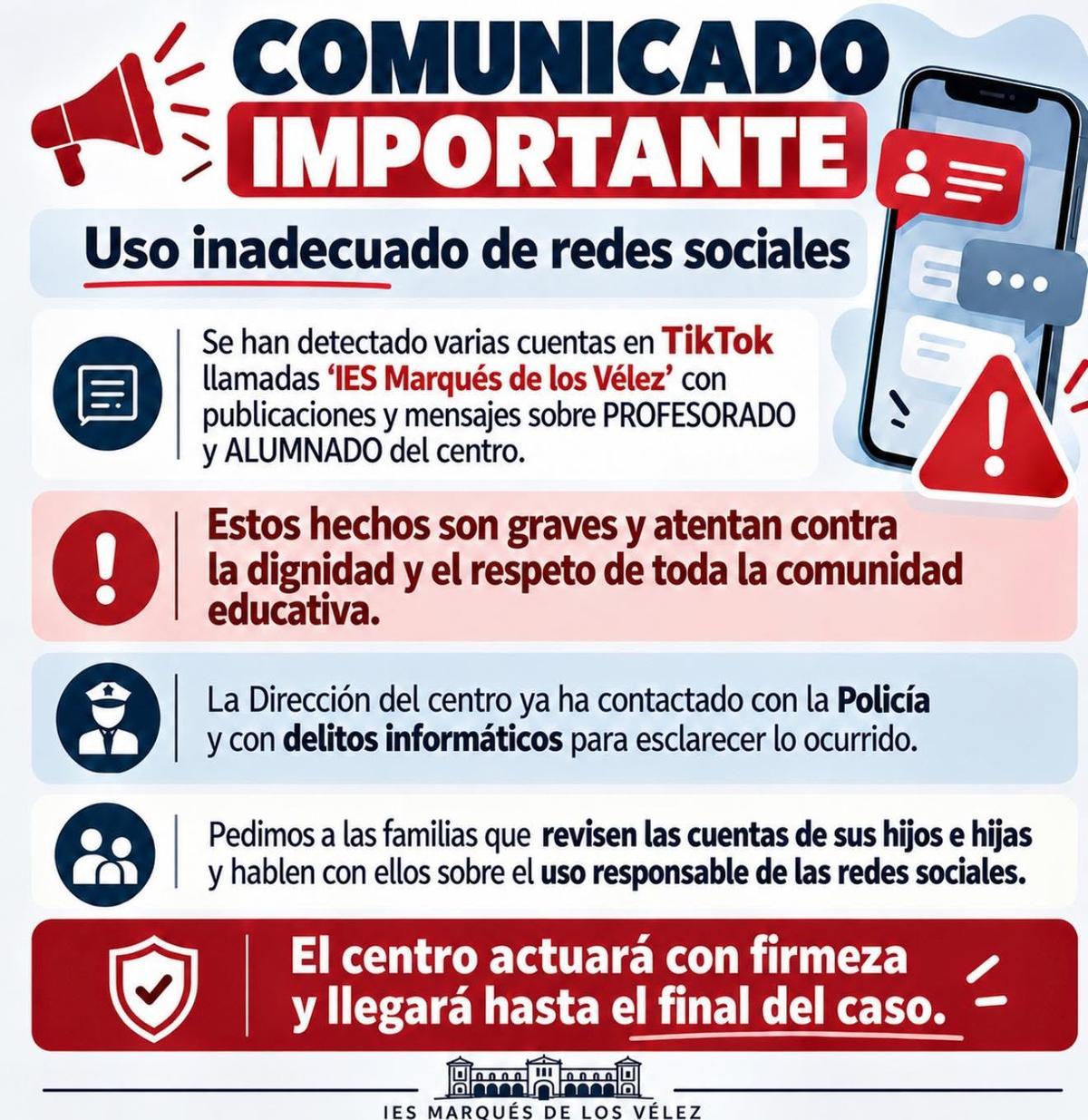 Comunicado del IES Marqués de los Vélez de Murcia.