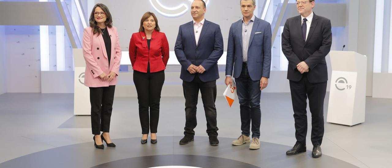 Los cinco candidatos a la presidencia de la Generalitat en el debate electoral de 2019.