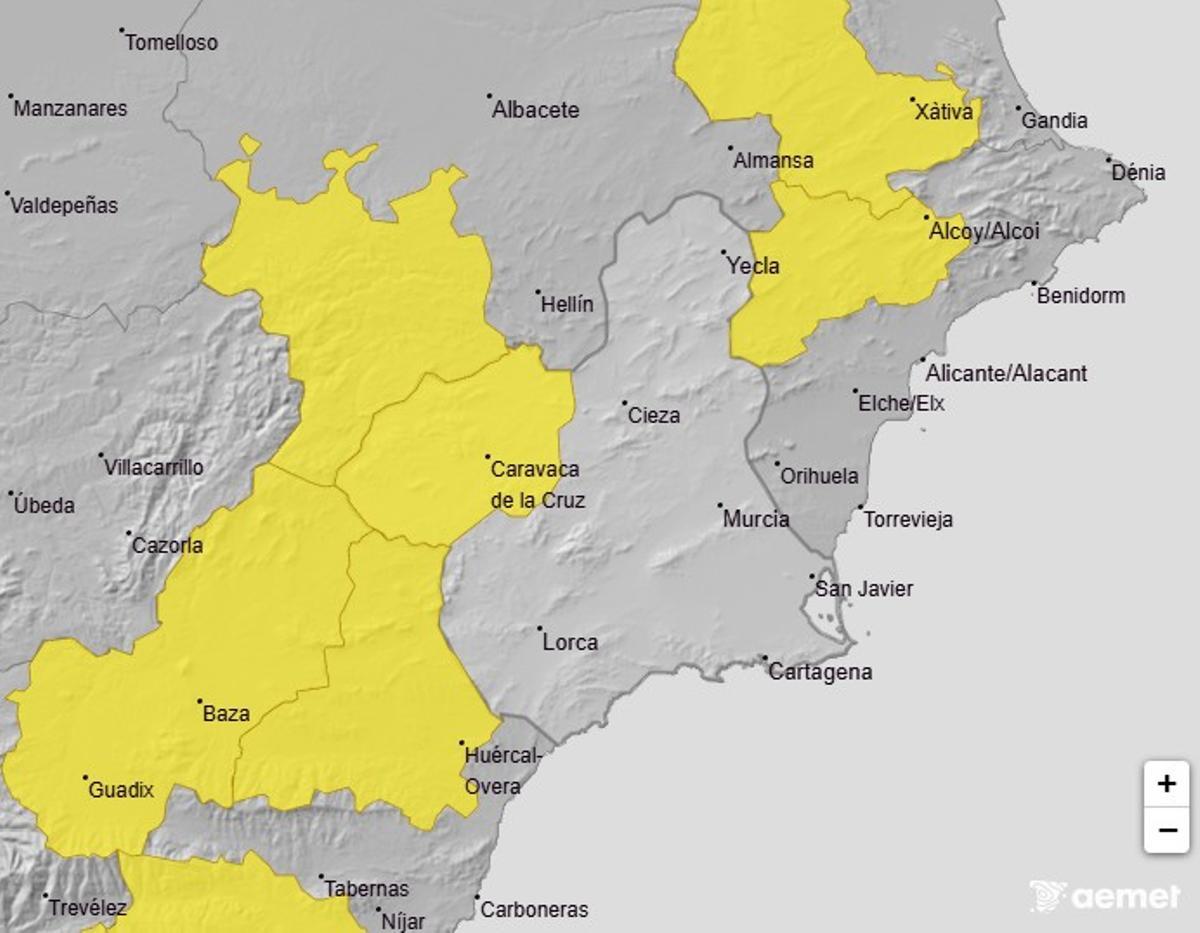 Mapa de alerta por vientos en la Región