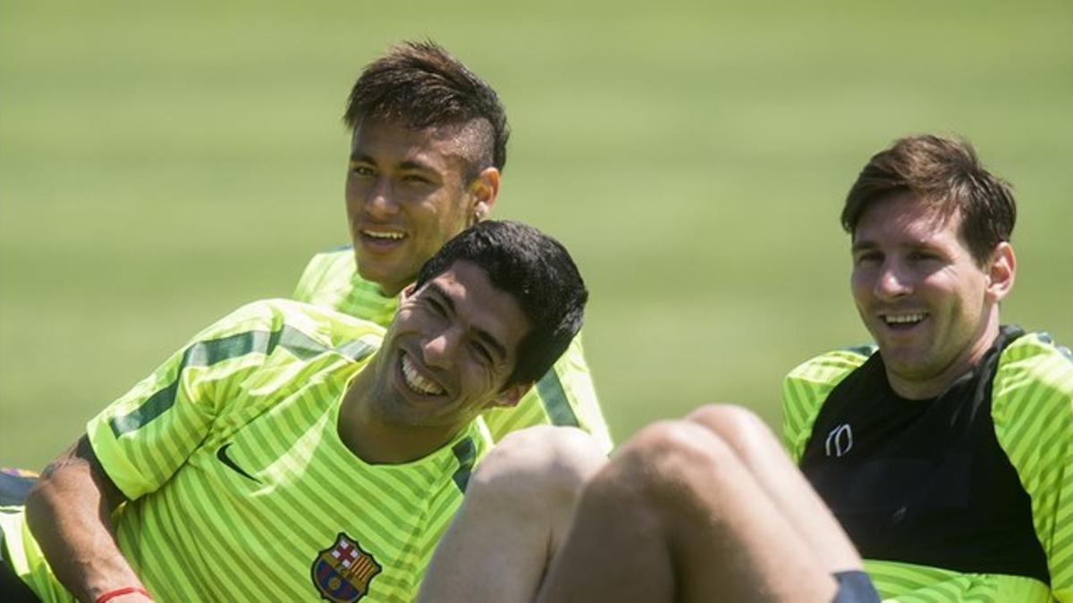 Neymar, Suárez y Messi, en un entrenamiento del Barça previo a la final de la Champions 2015 en Berlín.