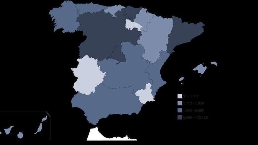 En España viven 277.729 zamoranos, de los cuales 141.596 residen en Zamora, 37.834 en Madrid, 20.378 en el País Vasco, 15.799 en Valladolid y 13.200 en Cataluña. En el mapa, en oscuro las regiones donde viven más zamoranos.